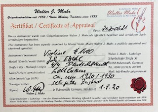 Etwa 100 Jahre alte Geige Zettel Johannes Eberle